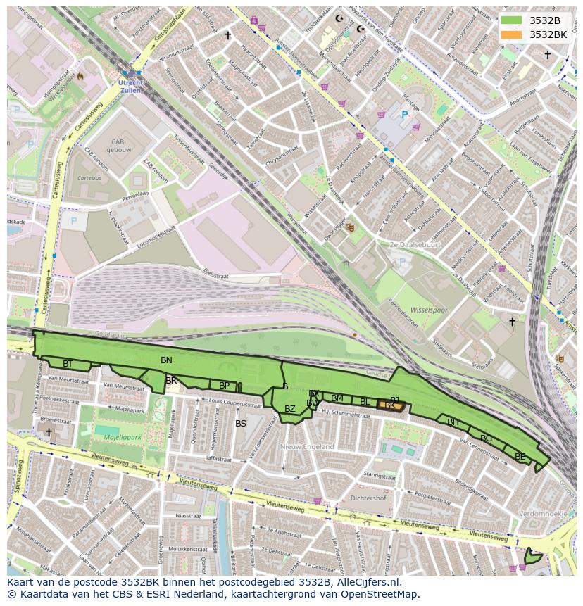 Afbeelding van het postcodegebied 3532 BK op de kaart.