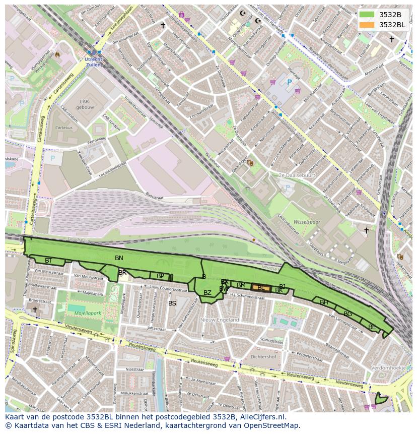 Afbeelding van het postcodegebied 3532 BL op de kaart.