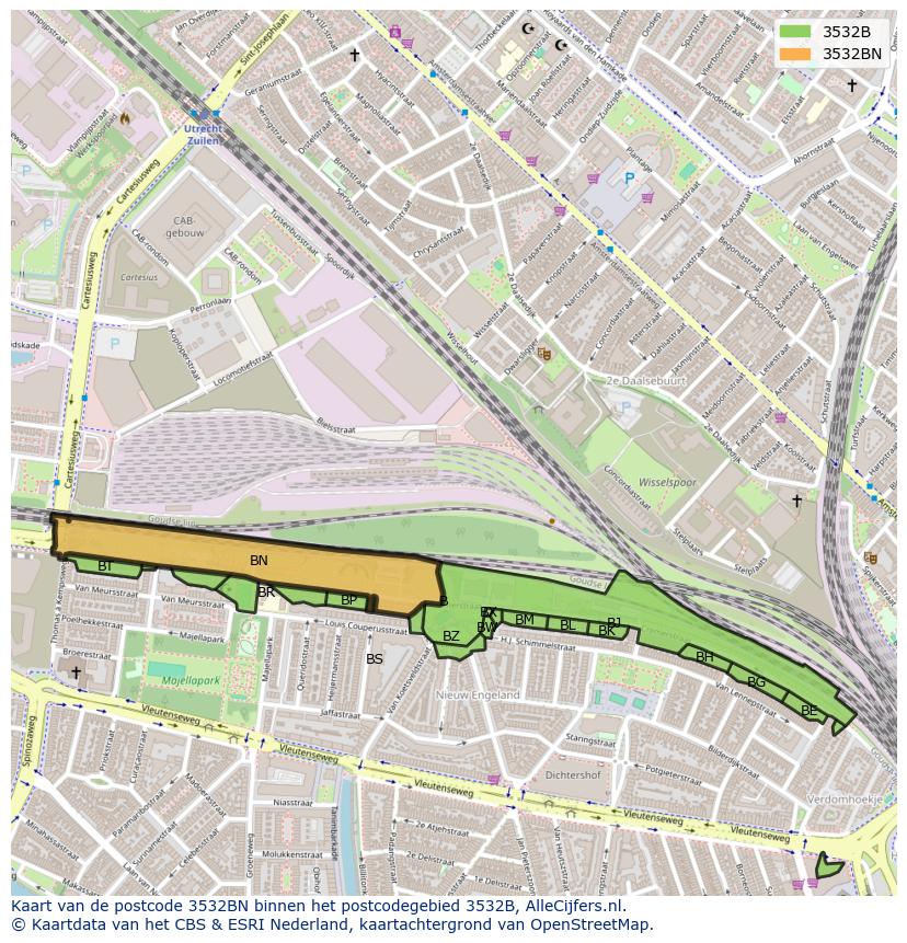 Afbeelding van het postcodegebied 3532 BN op de kaart.