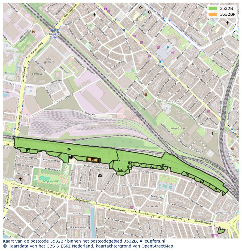 Afbeelding van het postcodegebied 3532 BP op de kaart.