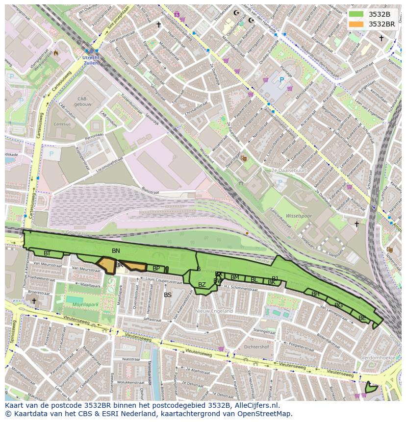 Afbeelding van het postcodegebied 3532 BR op de kaart.
