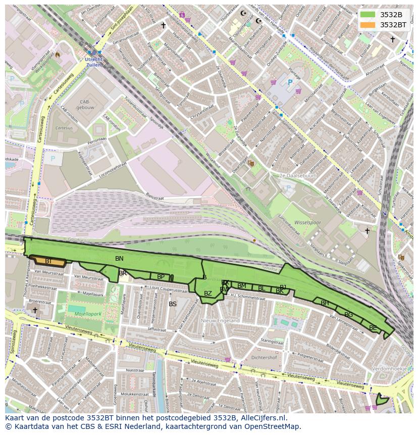 Afbeelding van het postcodegebied 3532 BT op de kaart.