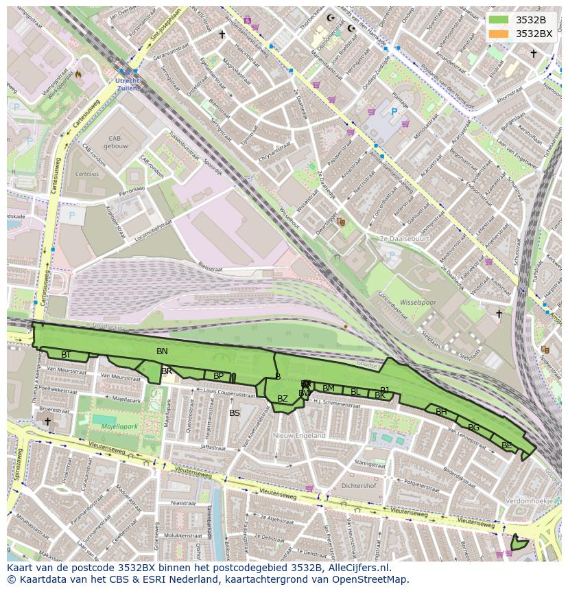 Afbeelding van het postcodegebied 3532 BX op de kaart.