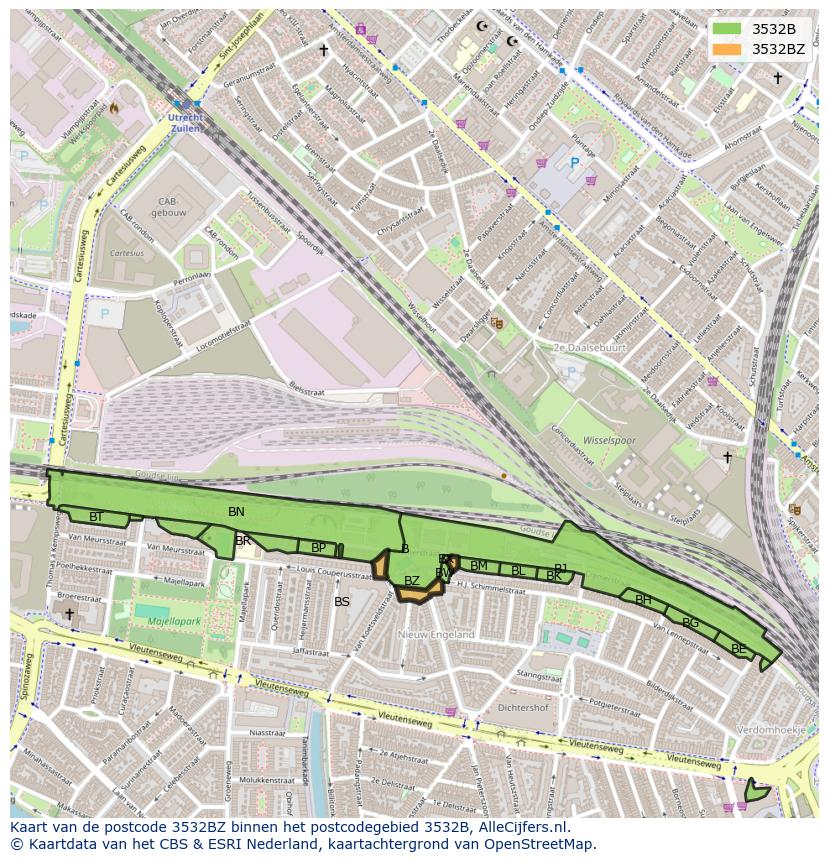 Afbeelding van het postcodegebied 3532 BZ op de kaart.