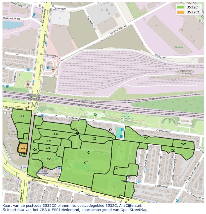 Afbeelding van het postcodegebied 3532 CC op de kaart.