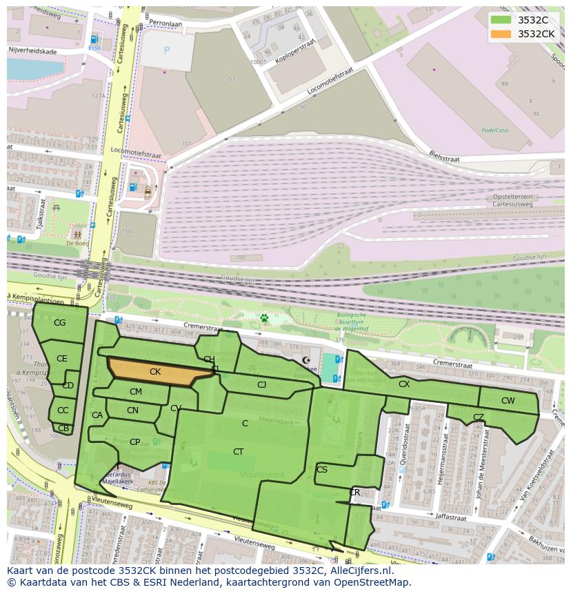 Afbeelding van het postcodegebied 3532 CK op de kaart.