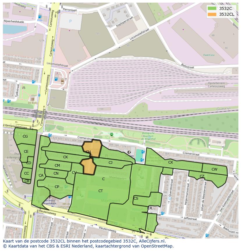 Afbeelding van het postcodegebied 3532 CL op de kaart.