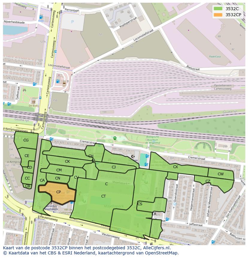 Afbeelding van het postcodegebied 3532 CP op de kaart.