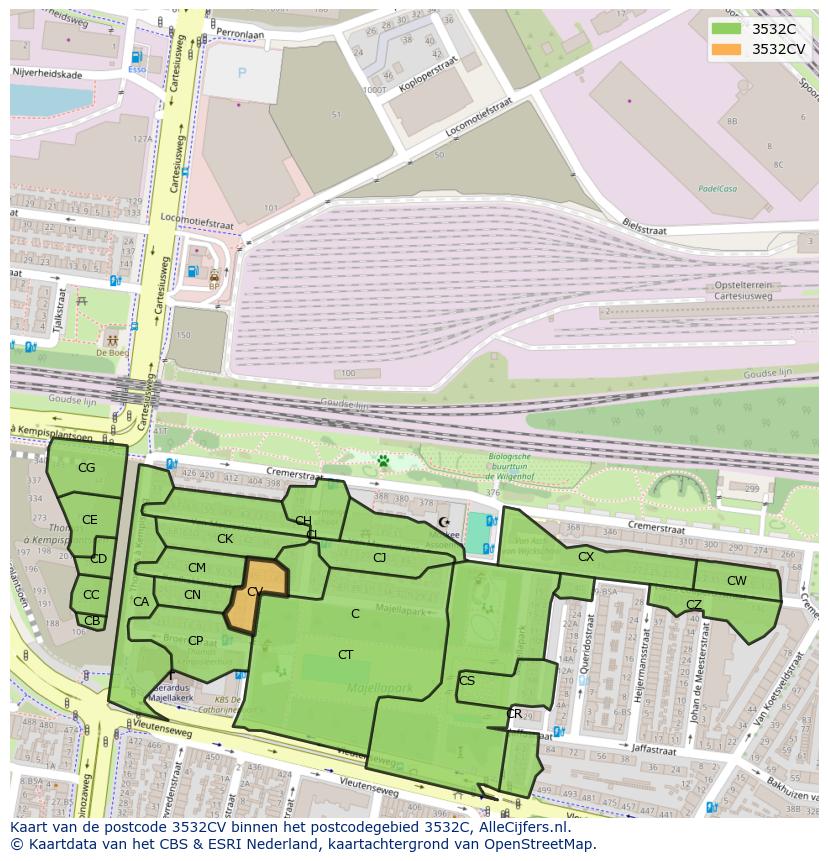 Afbeelding van het postcodegebied 3532 CV op de kaart.