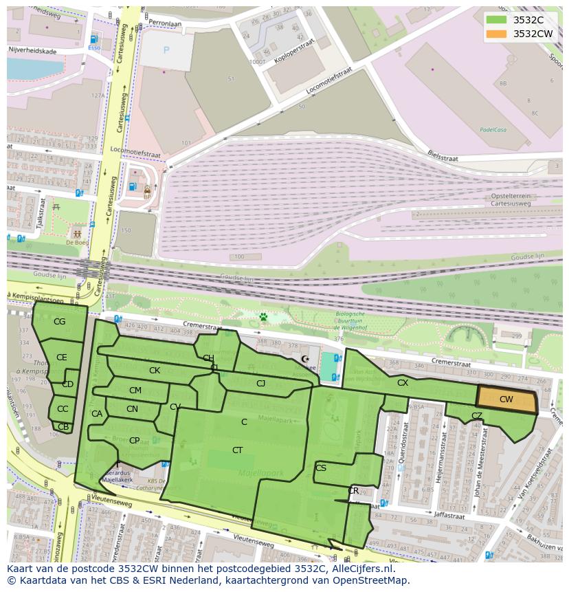 Afbeelding van het postcodegebied 3532 CW op de kaart.