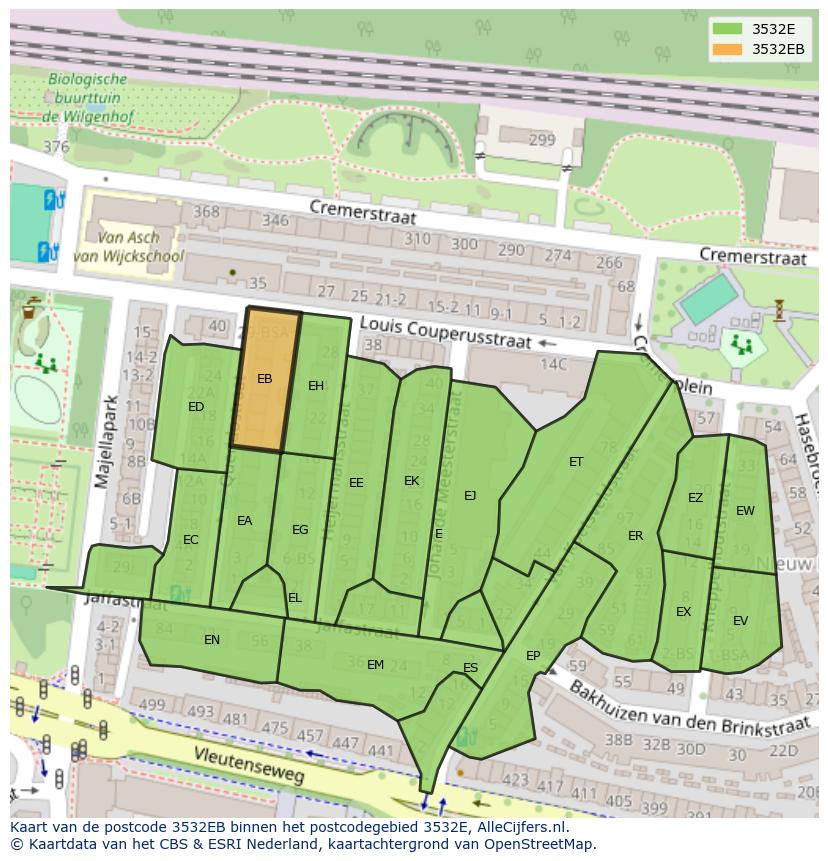 Afbeelding van het postcodegebied 3532 EB op de kaart.