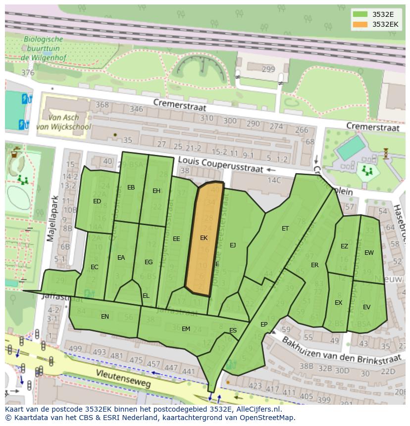 Afbeelding van het postcodegebied 3532 EK op de kaart.