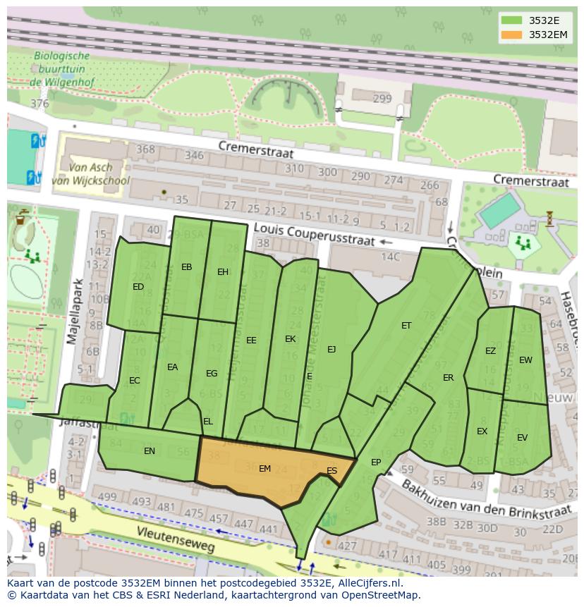 Afbeelding van het postcodegebied 3532 EM op de kaart.
