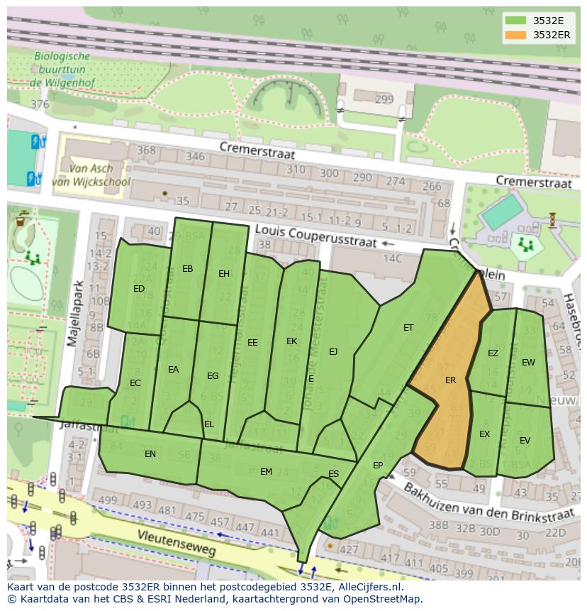 Afbeelding van het postcodegebied 3532 ER op de kaart.
