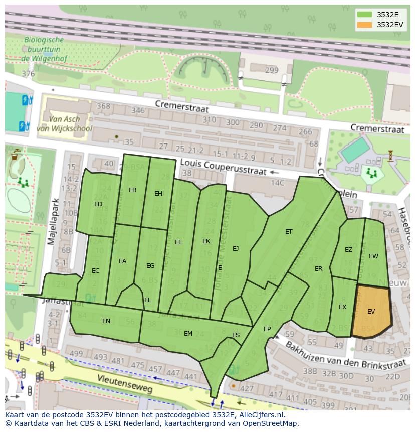 Afbeelding van het postcodegebied 3532 EV op de kaart.