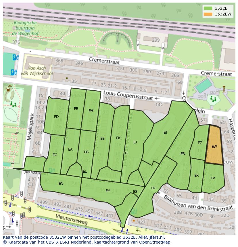 Afbeelding van het postcodegebied 3532 EW op de kaart.