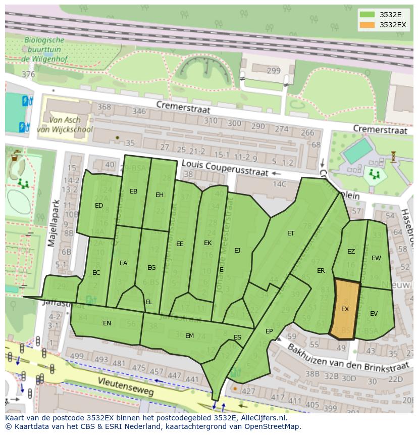 Afbeelding van het postcodegebied 3532 EX op de kaart.