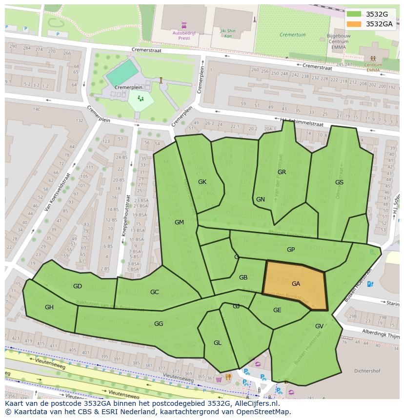 Afbeelding van het postcodegebied 3532 GA op de kaart.