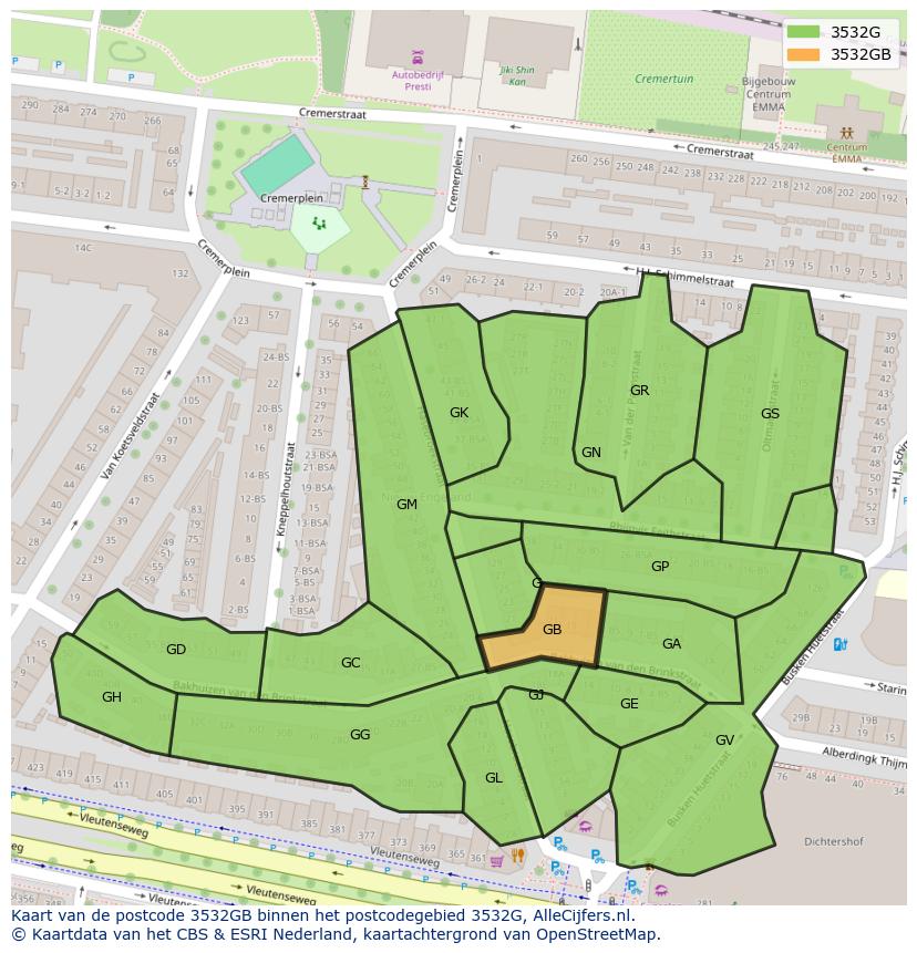 Afbeelding van het postcodegebied 3532 GB op de kaart.