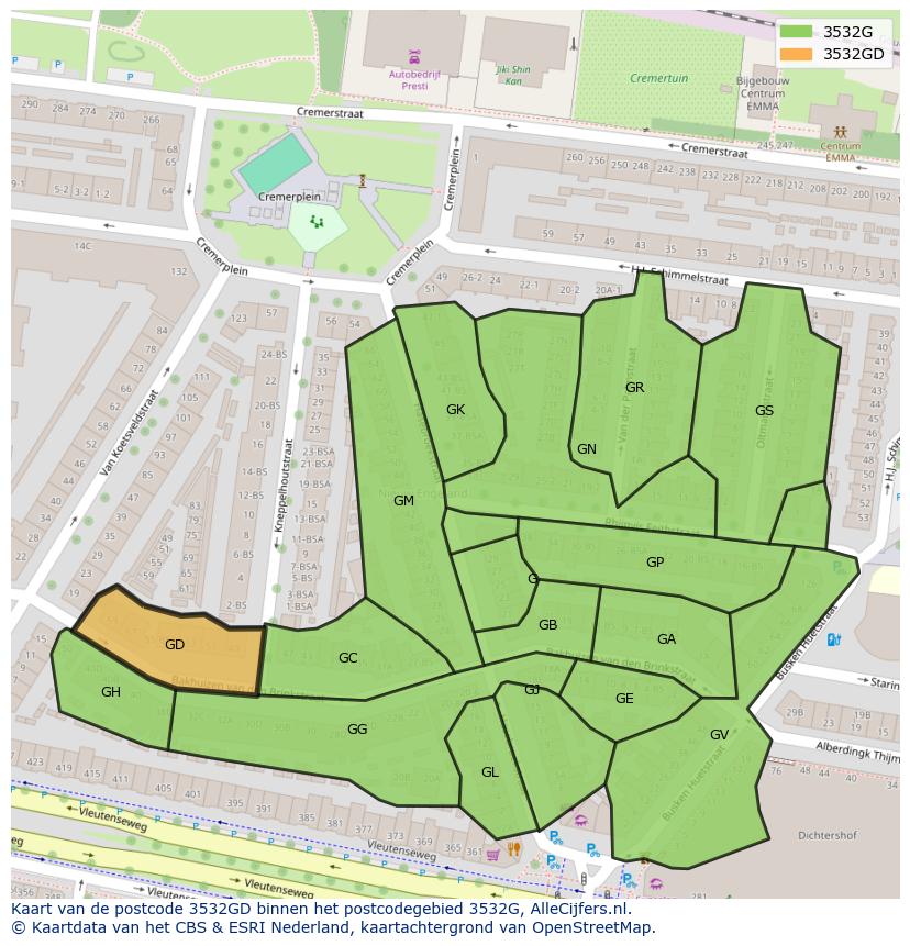 Afbeelding van het postcodegebied 3532 GD op de kaart.