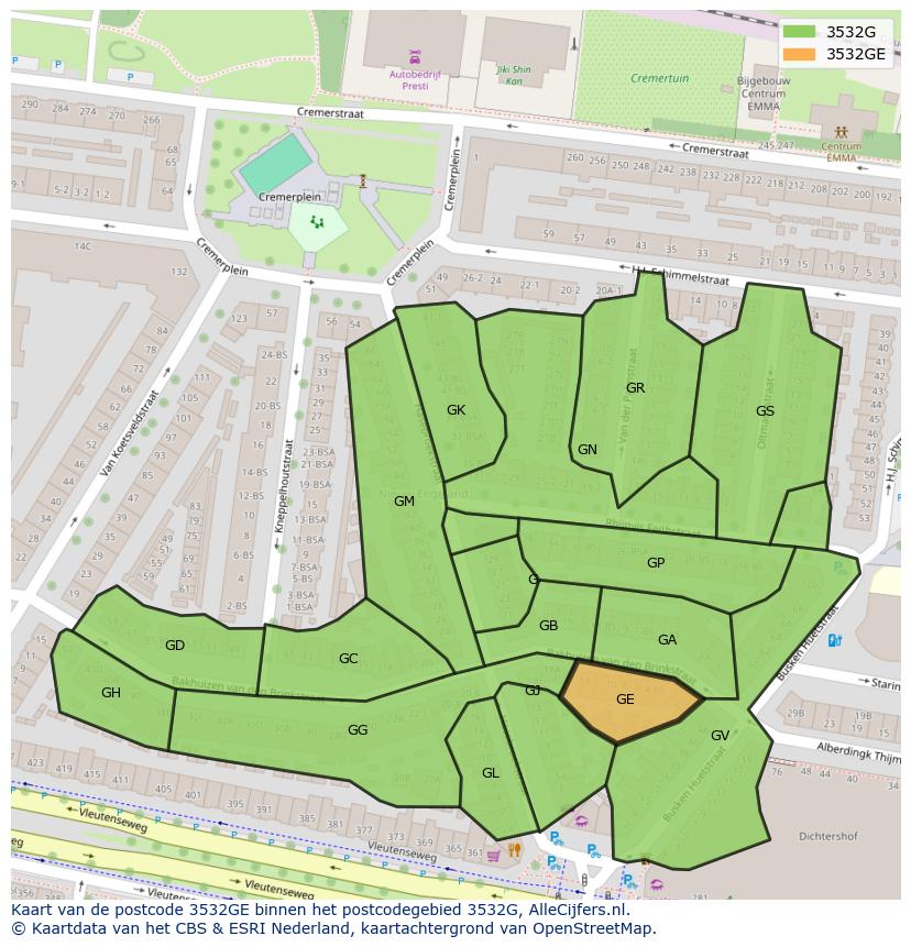 Afbeelding van het postcodegebied 3532 GE op de kaart.
