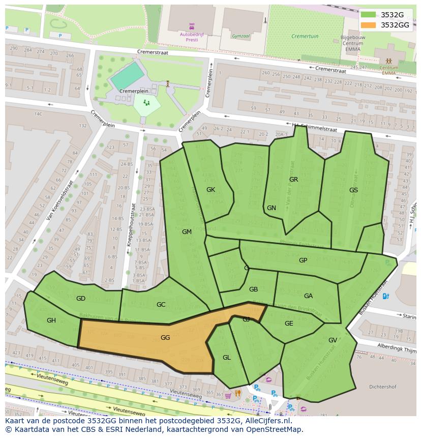 Afbeelding van het postcodegebied 3532 GG op de kaart.