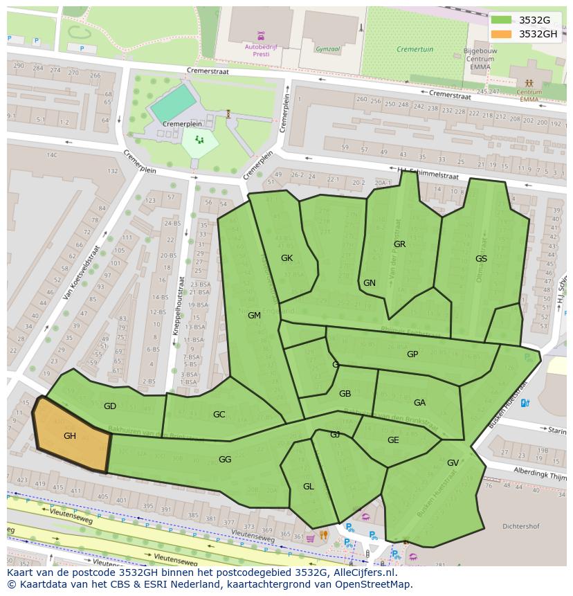 Afbeelding van het postcodegebied 3532 GH op de kaart.