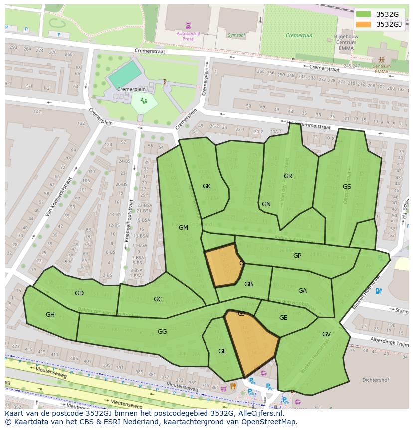 Afbeelding van het postcodegebied 3532 GJ op de kaart.