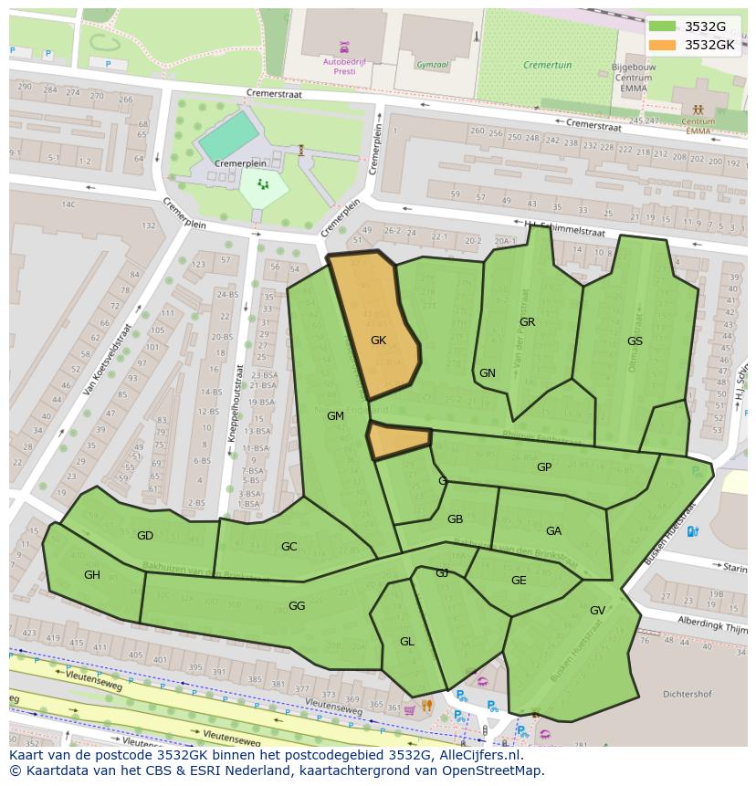 Afbeelding van het postcodegebied 3532 GK op de kaart.