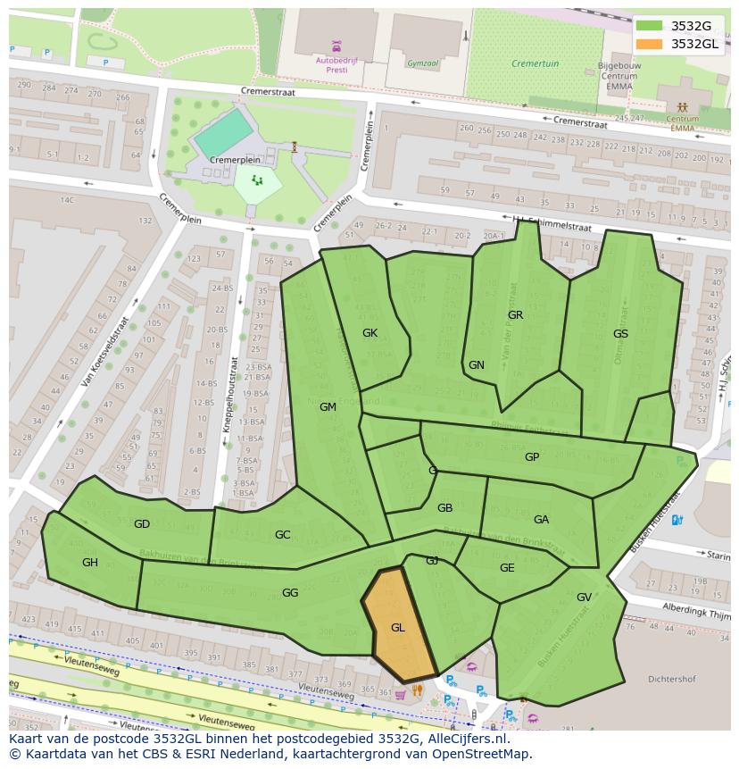 Afbeelding van het postcodegebied 3532 GL op de kaart.