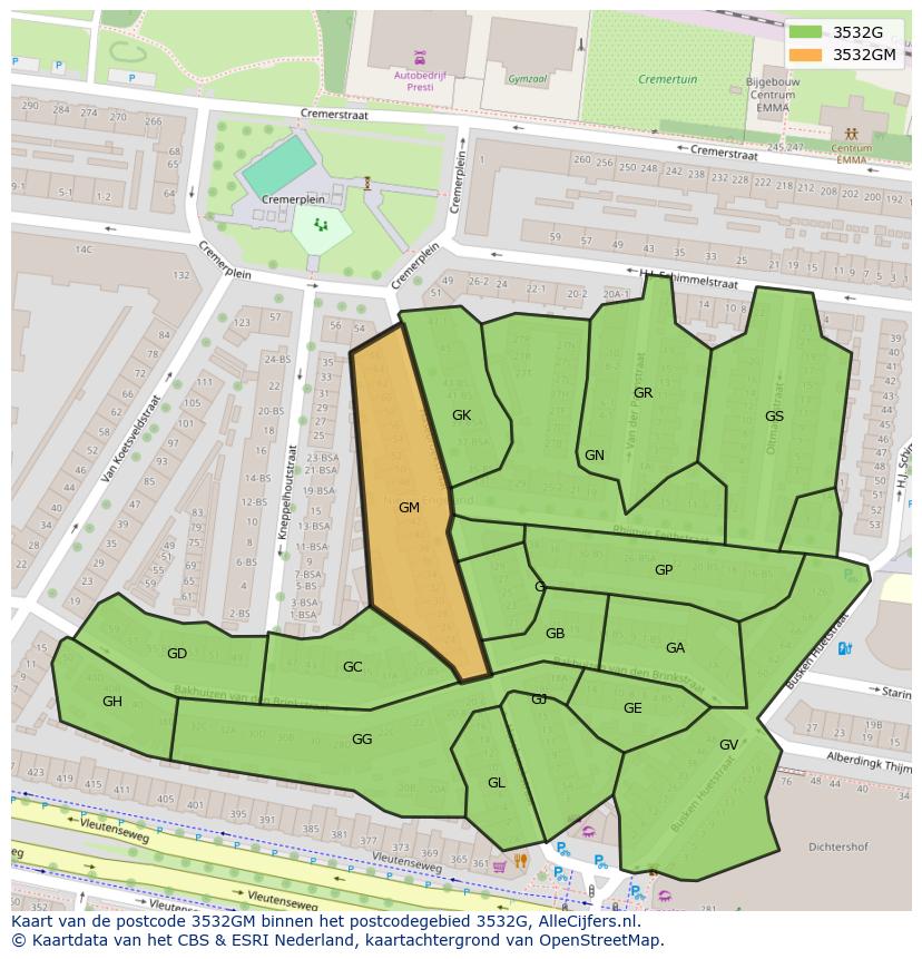 Afbeelding van het postcodegebied 3532 GM op de kaart.
