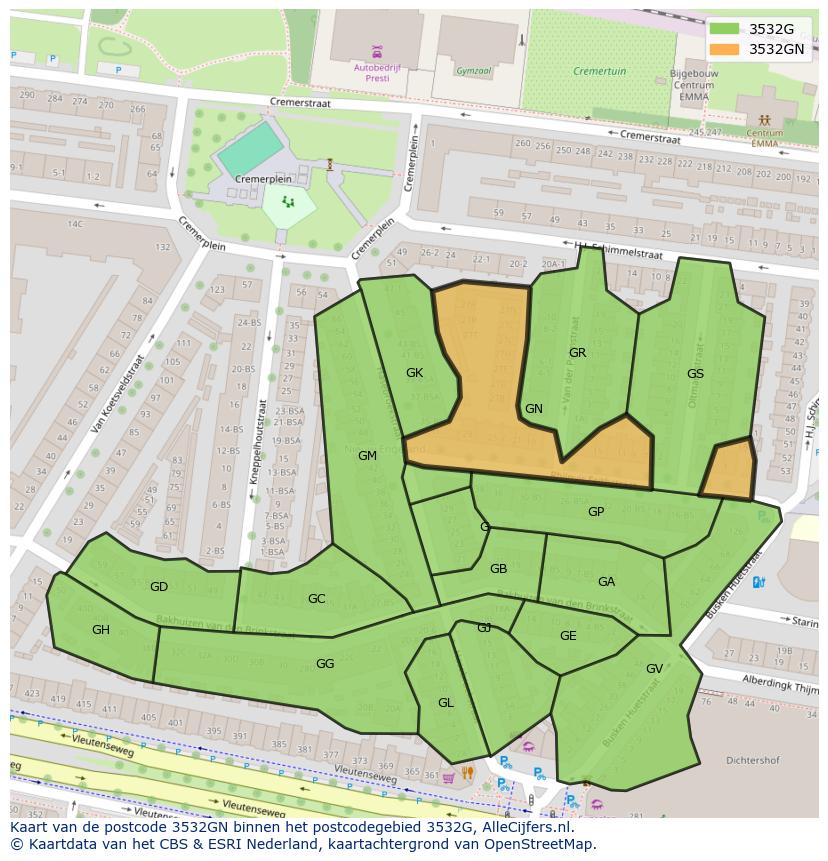 Afbeelding van het postcodegebied 3532 GN op de kaart.