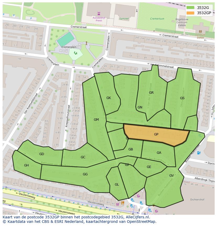 Afbeelding van het postcodegebied 3532 GP op de kaart.