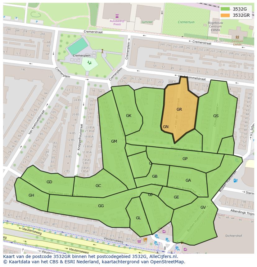 Afbeelding van het postcodegebied 3532 GR op de kaart.
