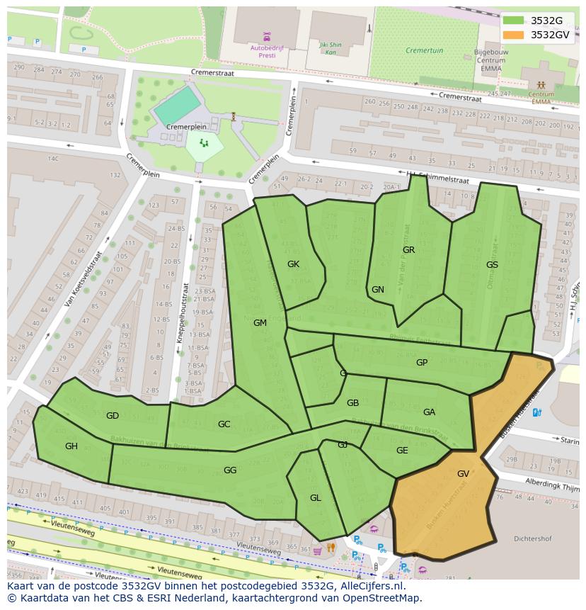 Afbeelding van het postcodegebied 3532 GV op de kaart.