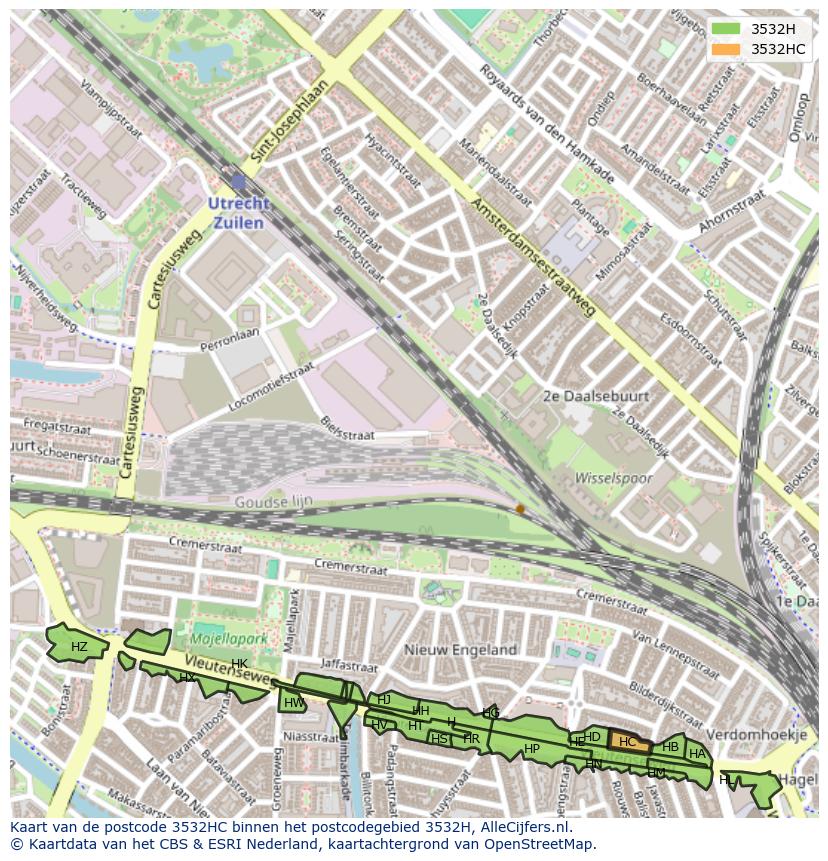 Afbeelding van het postcodegebied 3532 HC op de kaart.