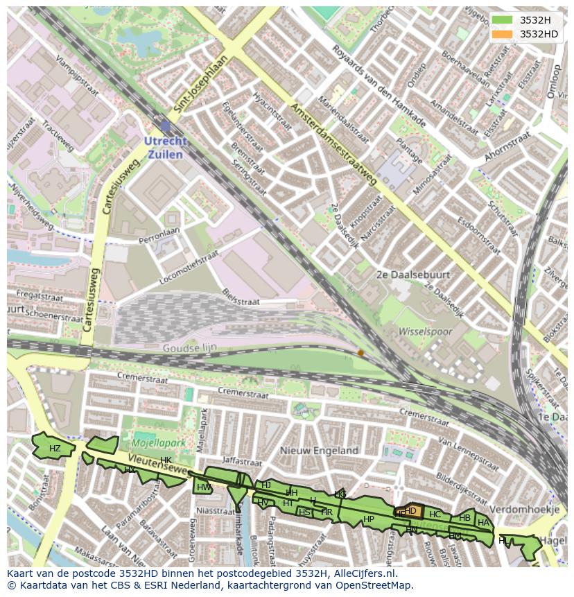 Afbeelding van het postcodegebied 3532 HD op de kaart.