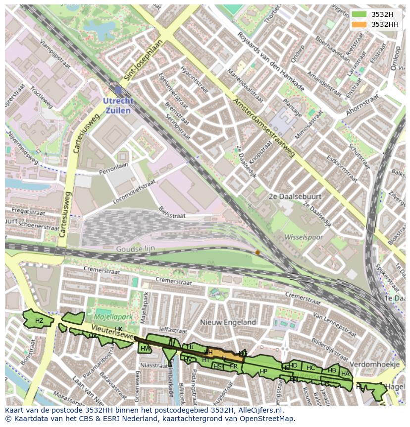 Afbeelding van het postcodegebied 3532 HH op de kaart.