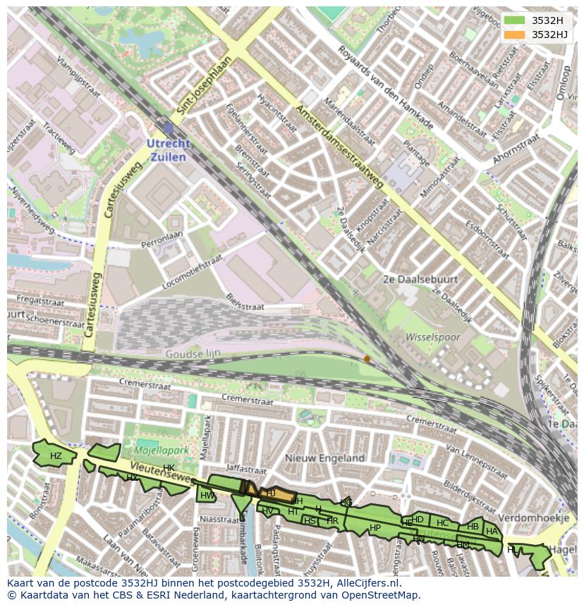 Afbeelding van het postcodegebied 3532 HJ op de kaart.