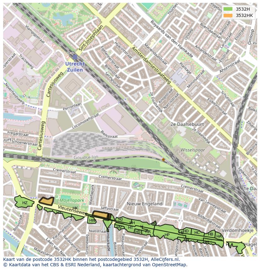 Afbeelding van het postcodegebied 3532 HK op de kaart.
