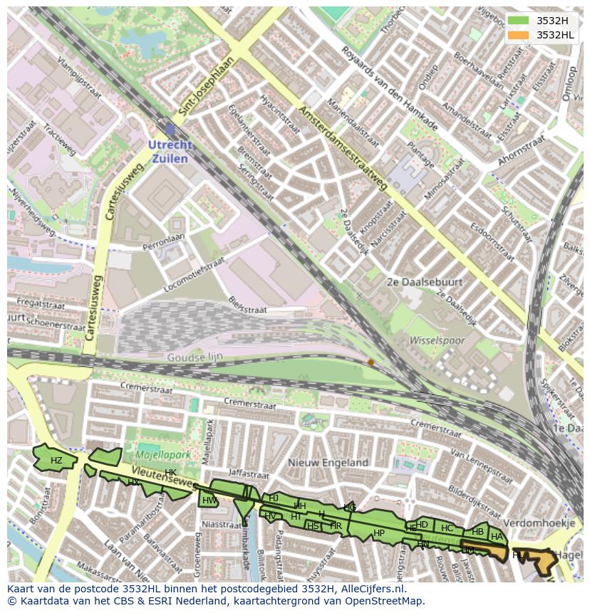 Afbeelding van het postcodegebied 3532 HL op de kaart.
