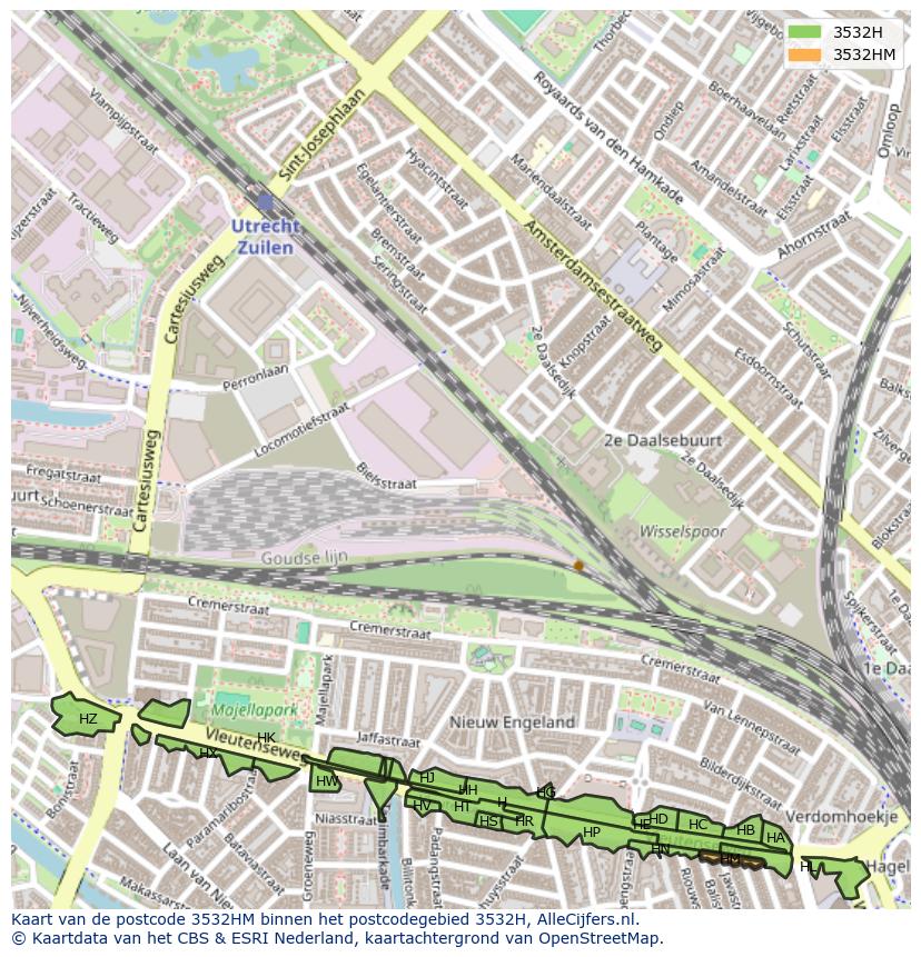 Afbeelding van het postcodegebied 3532 HM op de kaart.