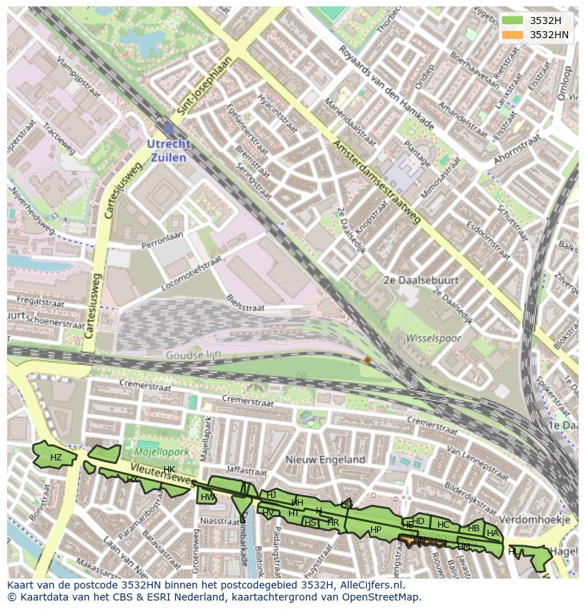 Afbeelding van het postcodegebied 3532 HN op de kaart.