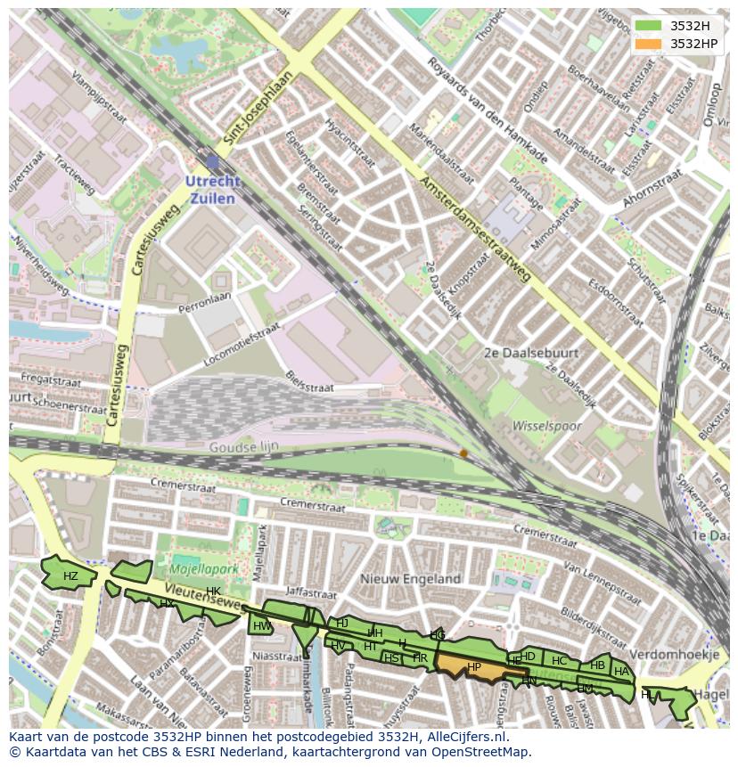 Afbeelding van het postcodegebied 3532 HP op de kaart.