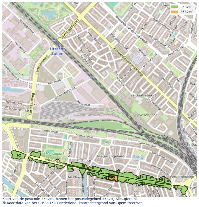 Afbeelding van het postcodegebied 3532 HR op de kaart.