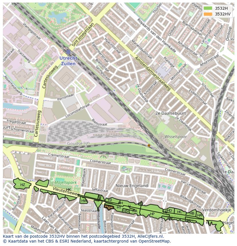 Afbeelding van het postcodegebied 3532 HV op de kaart.