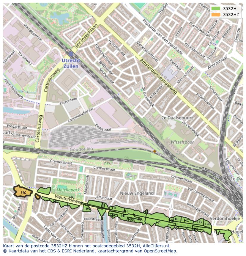 Afbeelding van het postcodegebied 3532 HZ op de kaart.