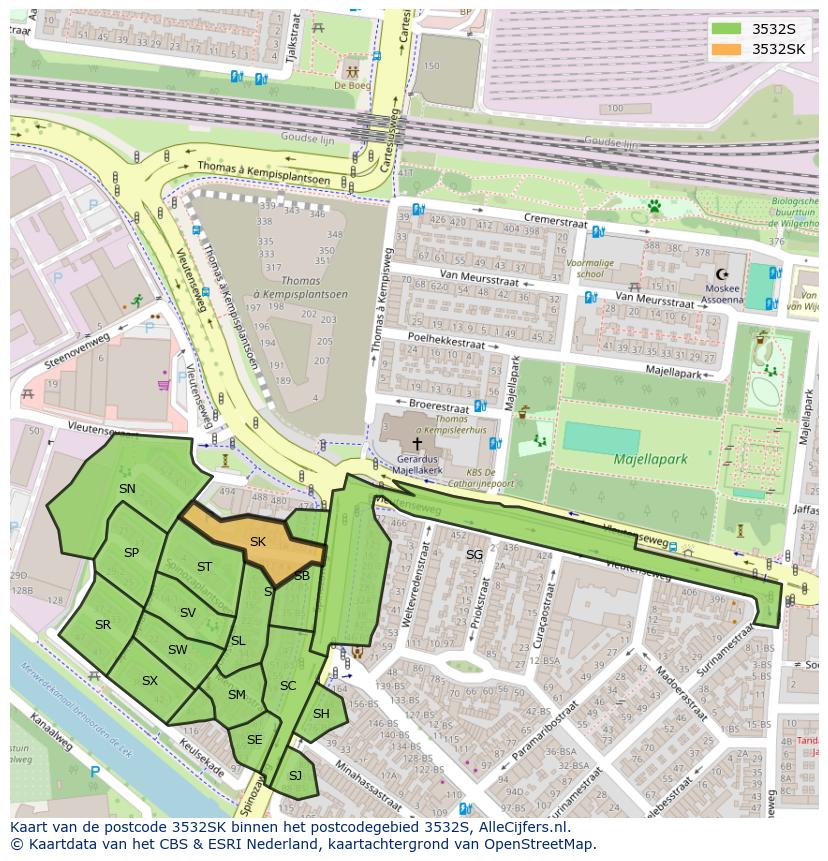 Afbeelding van het postcodegebied 3532 SK op de kaart.
