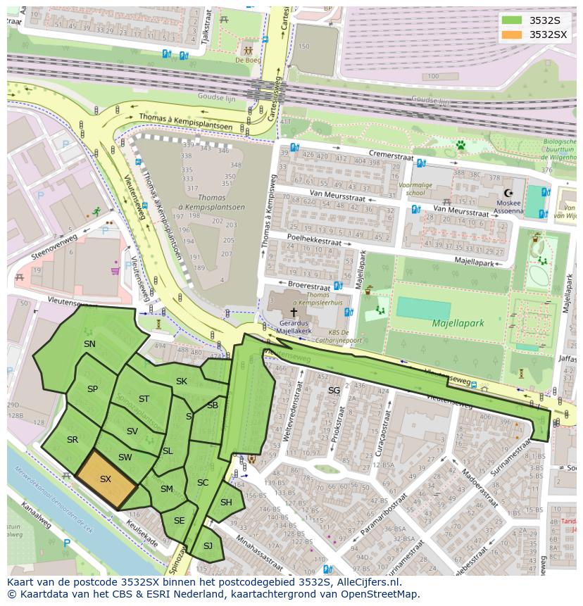 Afbeelding van het postcodegebied 3532 SX op de kaart.