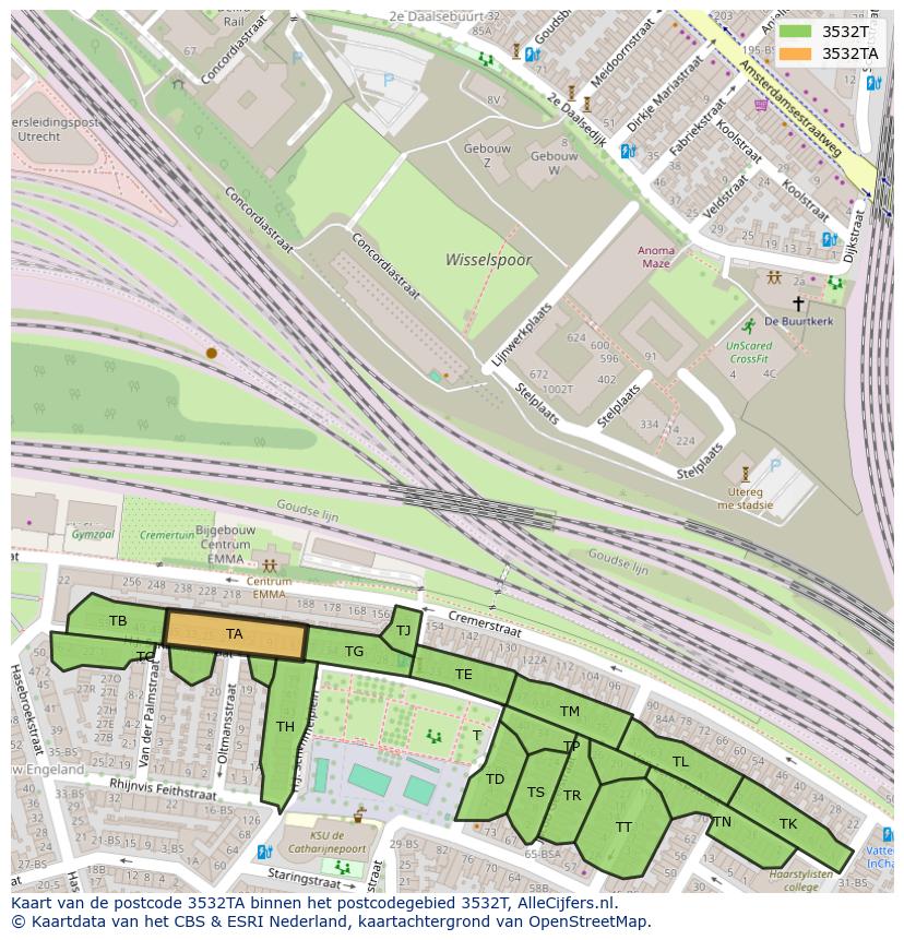 Afbeelding van het postcodegebied 3532 TA op de kaart.
